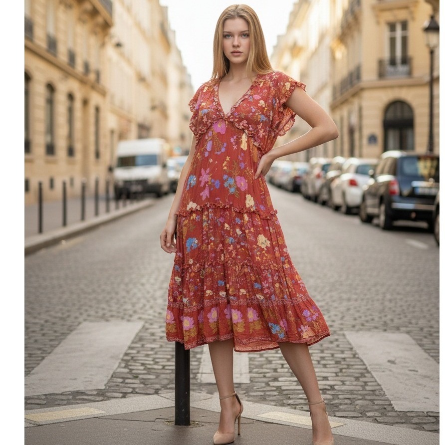 Spell & The Gypsy Size S Wild Bloom Midi Dress Red Orange Tiered Floral Frilly